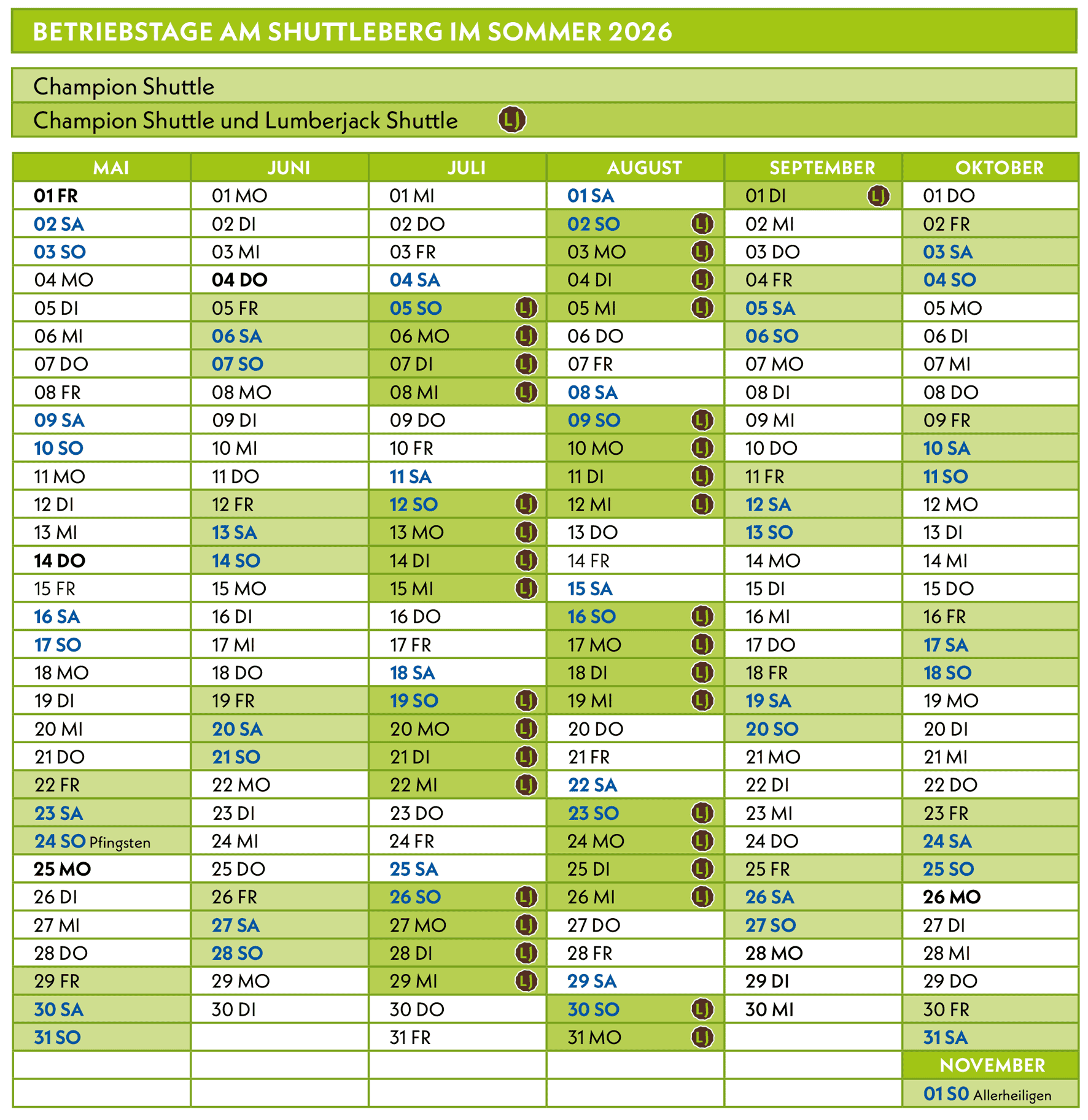 Betriebstage Shuttleberg Sommer